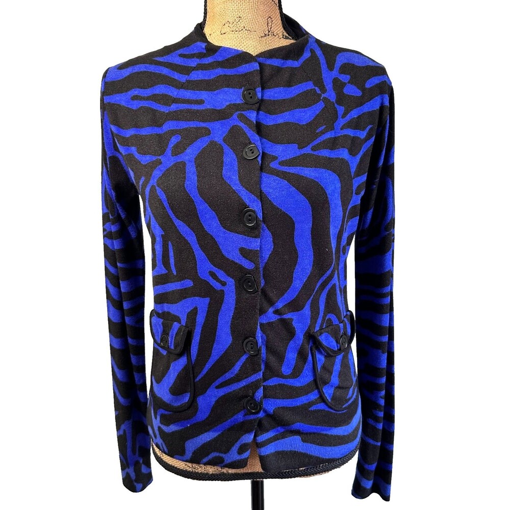 Twin-Set Simona Barbieri Blue Black Zebra Print Pockets Lined Cardigan Sz S